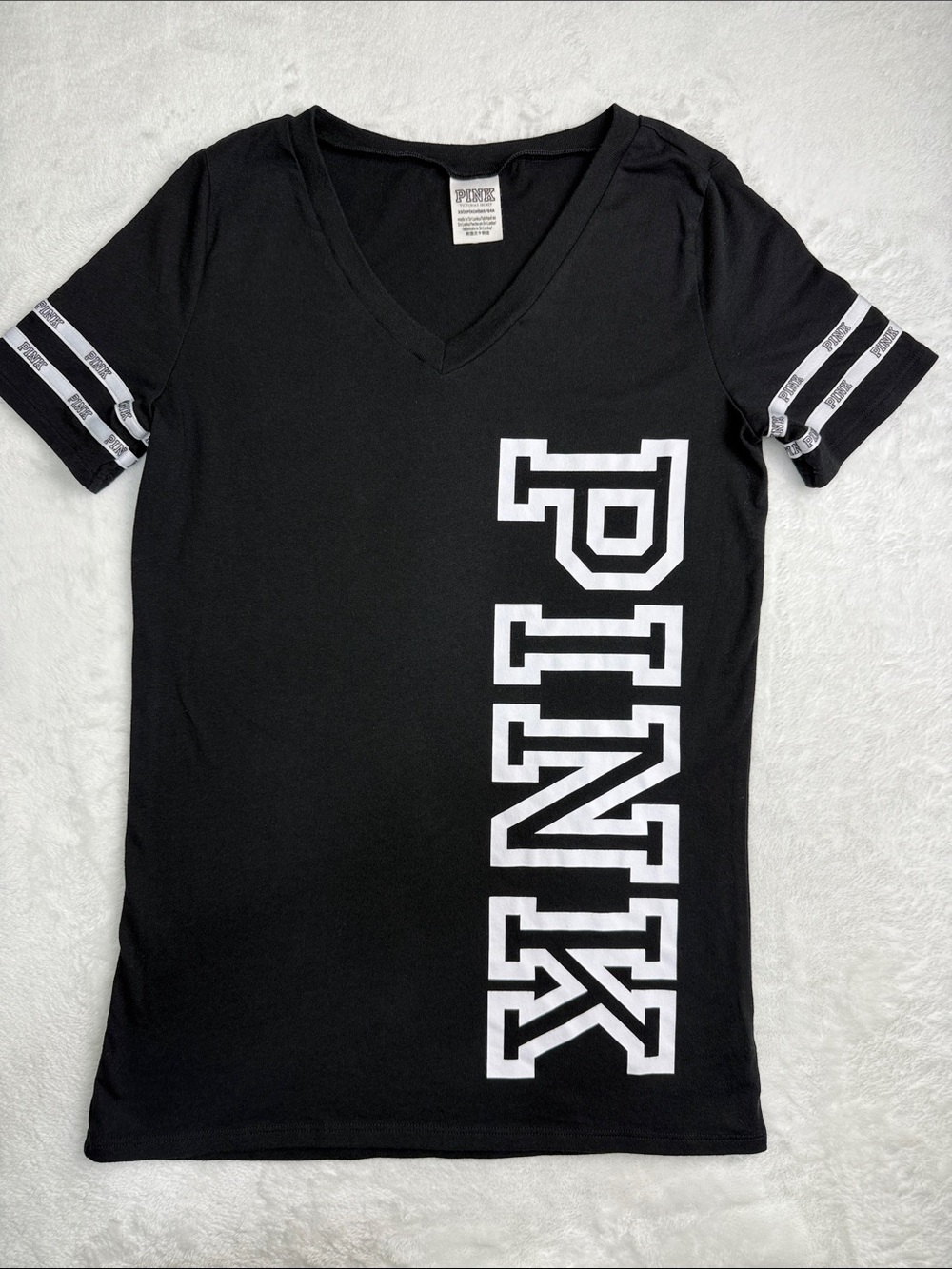 PINK Victoria's Secret Black V-Neck Tee with White Logo